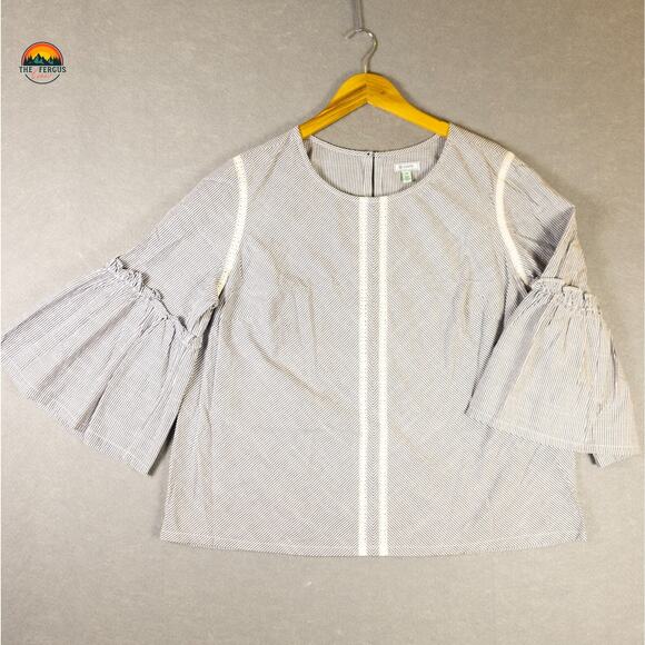 Susina Blouse Top Blue White Boho Striped Round Neck Bell Sleeve Women's Size 1X - Picture 1 of 10